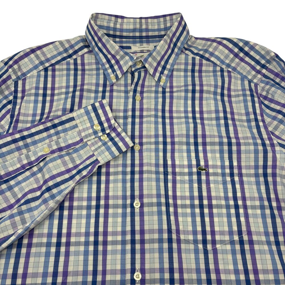 Lacoste Mens XL (45) Blue Purple Check Long Sleeve Button Up Cotton Shirt